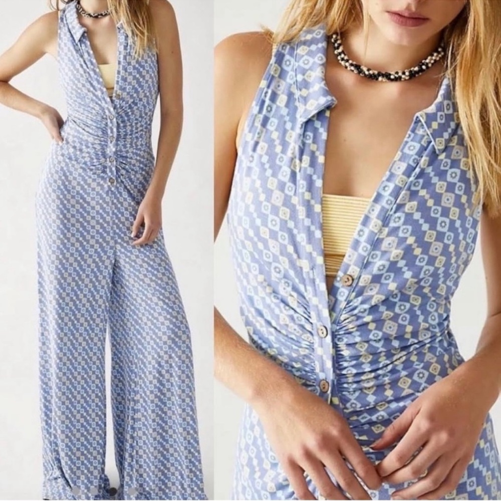 Free People Shayla Halter Jumpsuit Printed Sky Blue